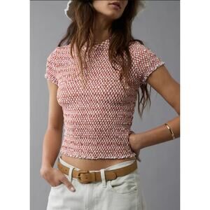 American Eagle Smocked Crop Top Women's Orange Stretch Short Sleeve Small NWT